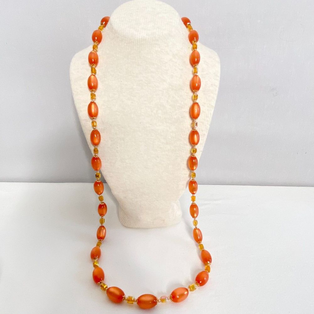 💎Orange Gold Necklace Glsss Oval And Small Faceted Clear Beads Magnetic Clasp